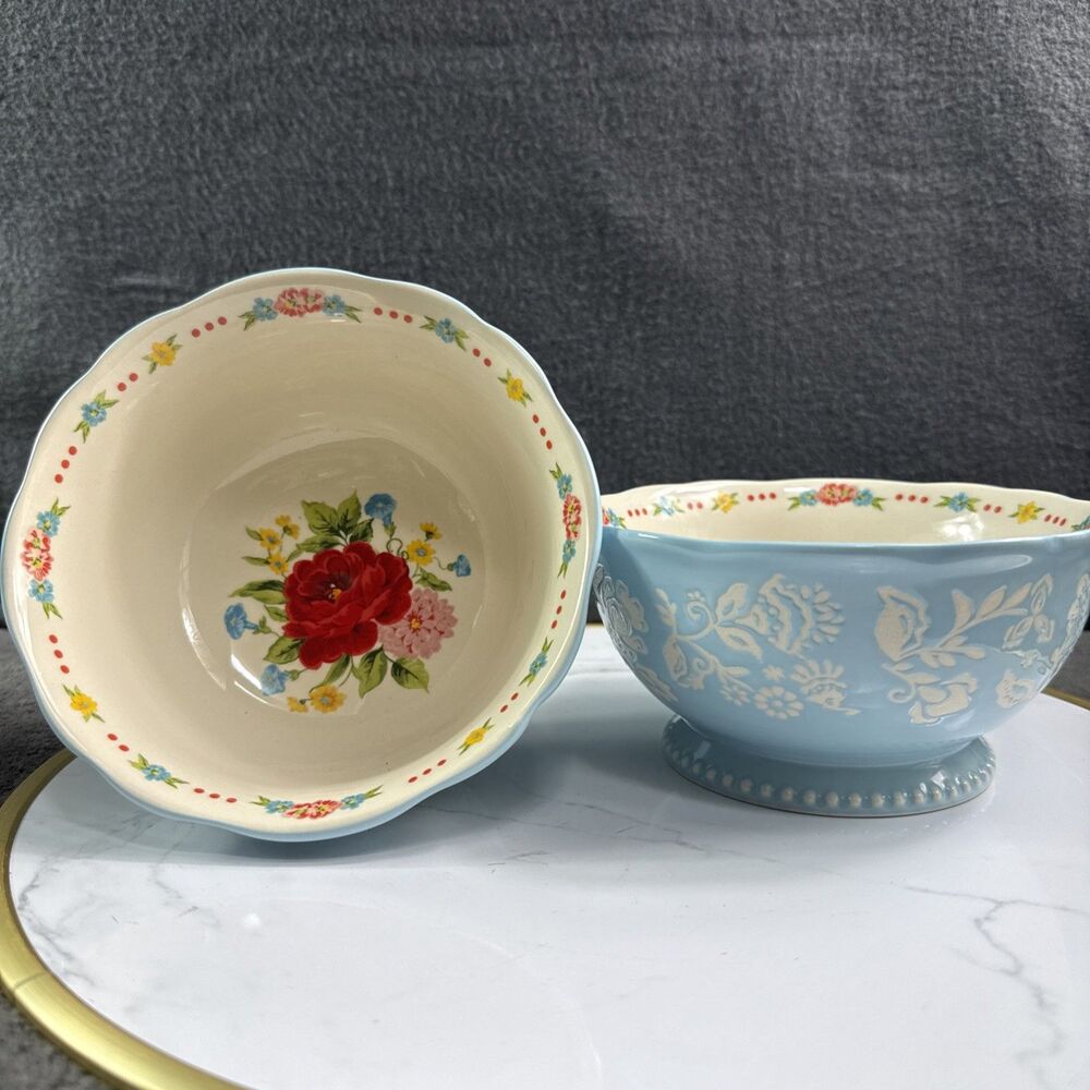 The Pioneer Woman Sweet Rose 6.25 Inch Ceramic Bowls Set of 2 Scalloped Blue New